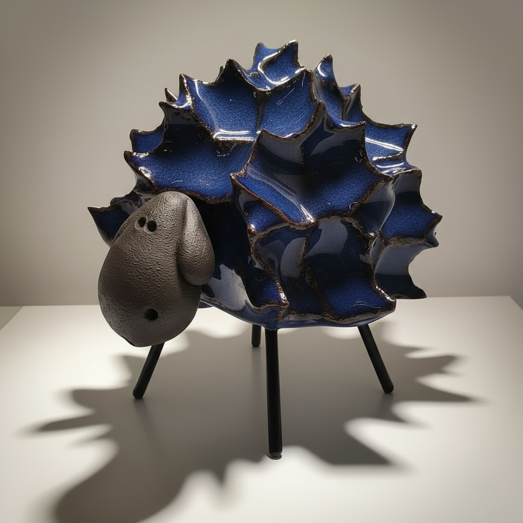 Spiky Sheep Figurine - Ceramic Art on Metal Legs (Hand-Crafted)