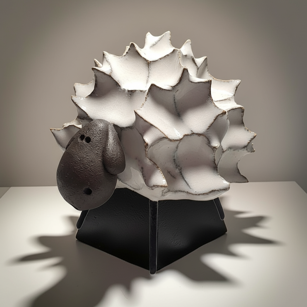Spiky Sheep Figurine - Ceramic Art on Metal Legs (Hand-Crafted)