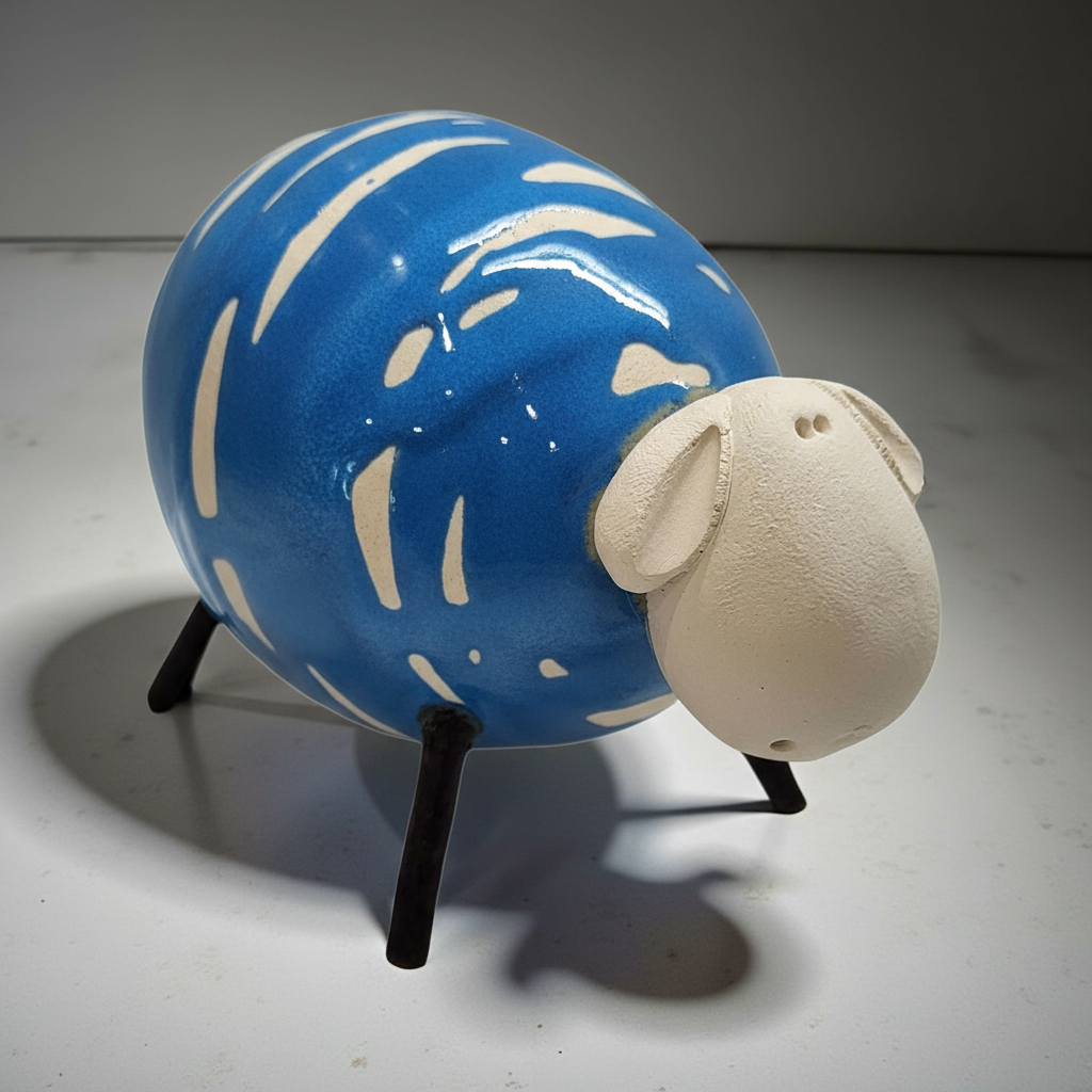 Handcrafted Round Ceramic Sheep Figurine with Metal Legs - Farm Decor