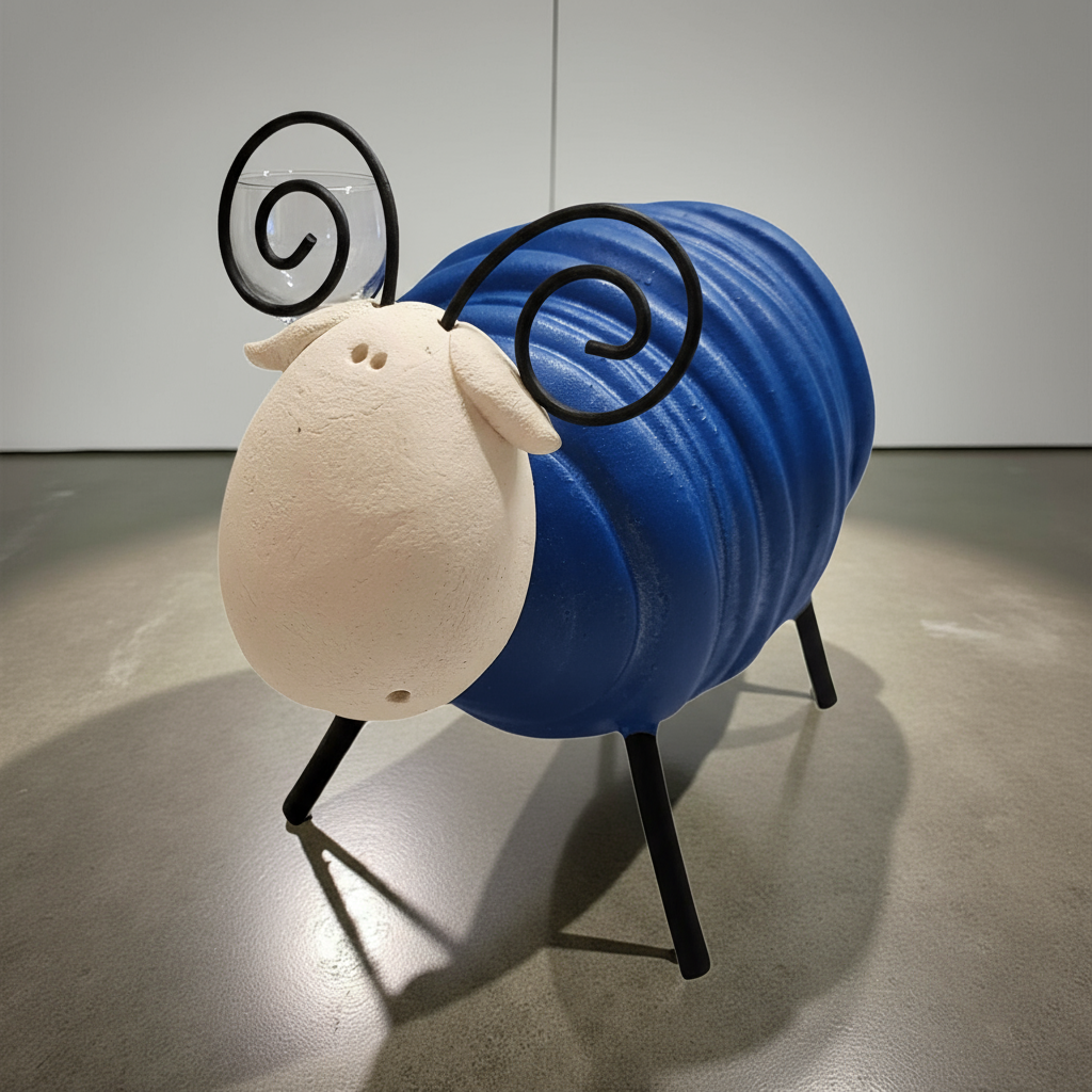 Handcrafted Ceramic Ram Sculpture - Curved Metal Horns Figurine