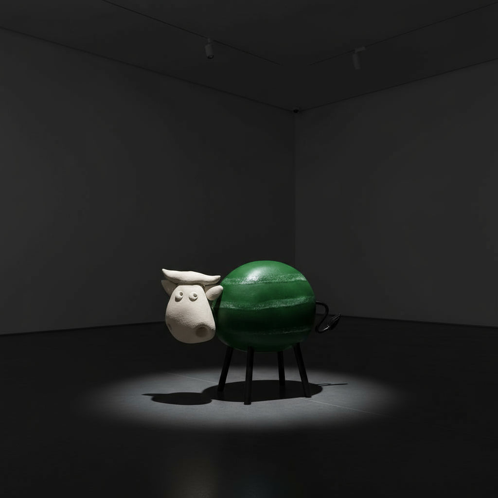 Handmade Ceramic Cow Figurine Metal Legs: Farm Animal Sculpture