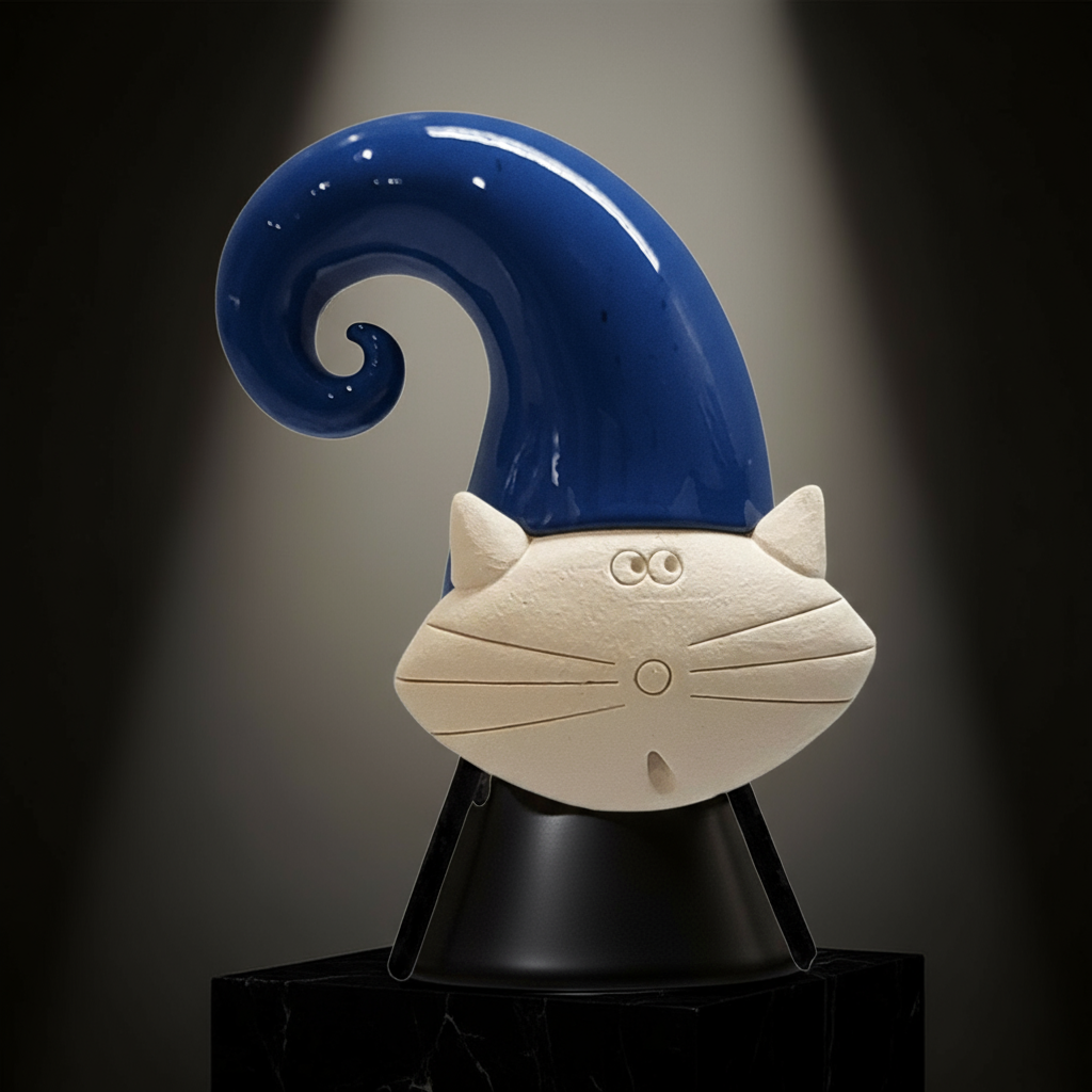 Twist Cat Sculpture: Hand-Scultped Ceramic Figurine with Metal Legs