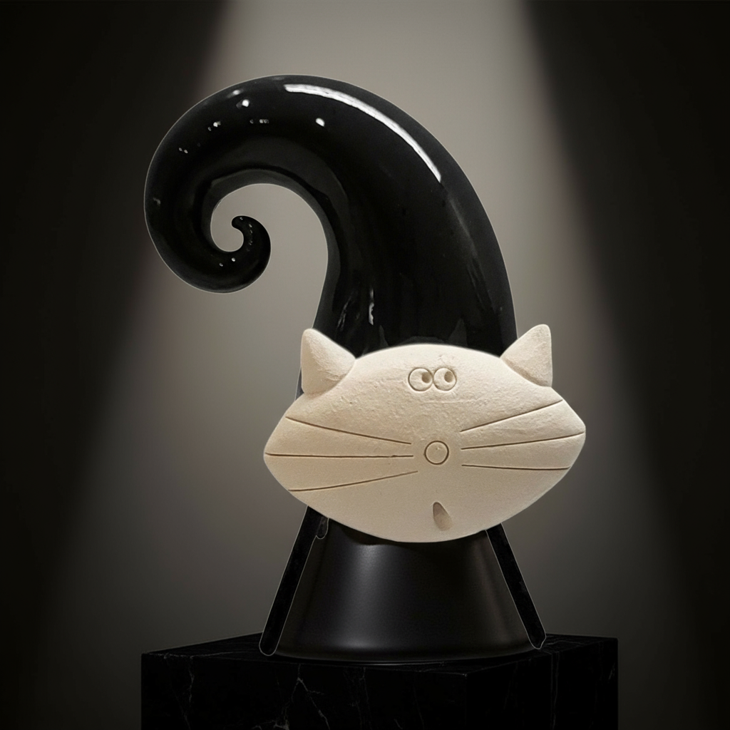 Twist Cat Sculpture: Hand-Scultped Ceramic Figurine with Metal Legs