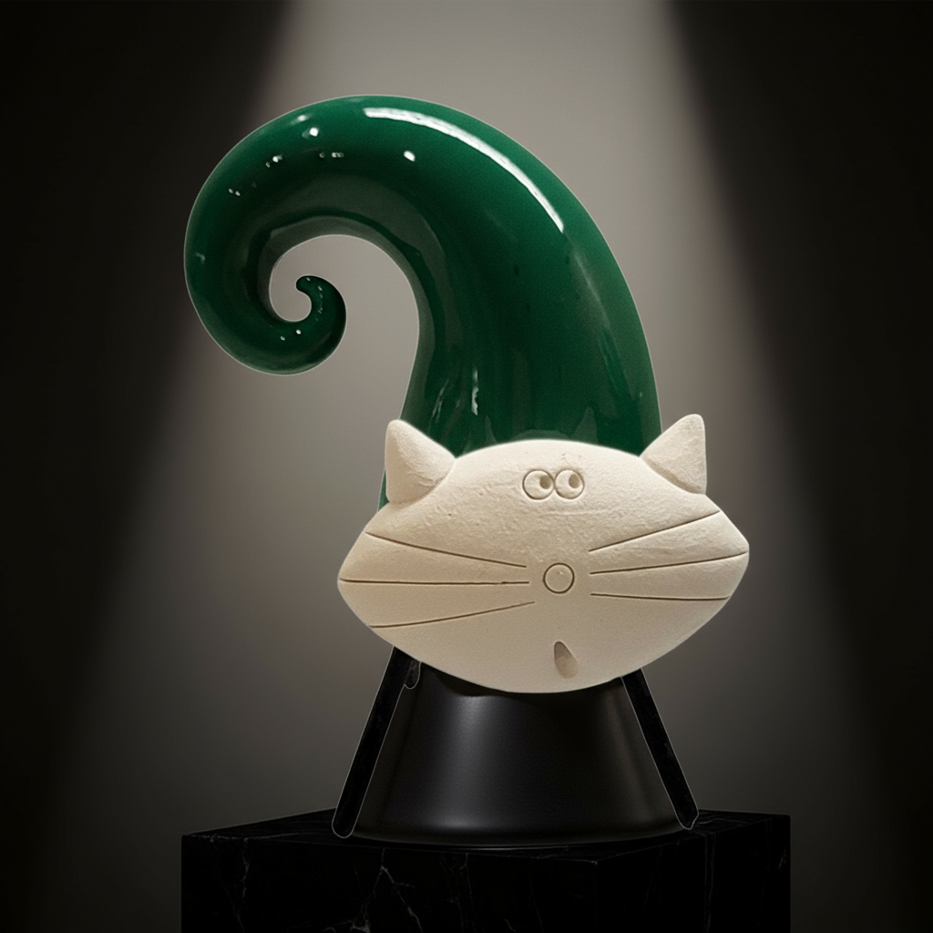 Twist Cat Sculpture: Hand-Scultped Ceramic Figurine with Metal Legs