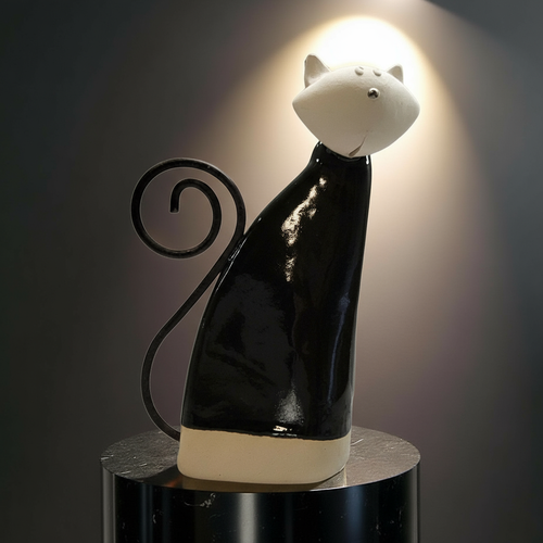 Cat Sculpture: Ceramic Figurine with Curly Tail - Red Sweater Detail