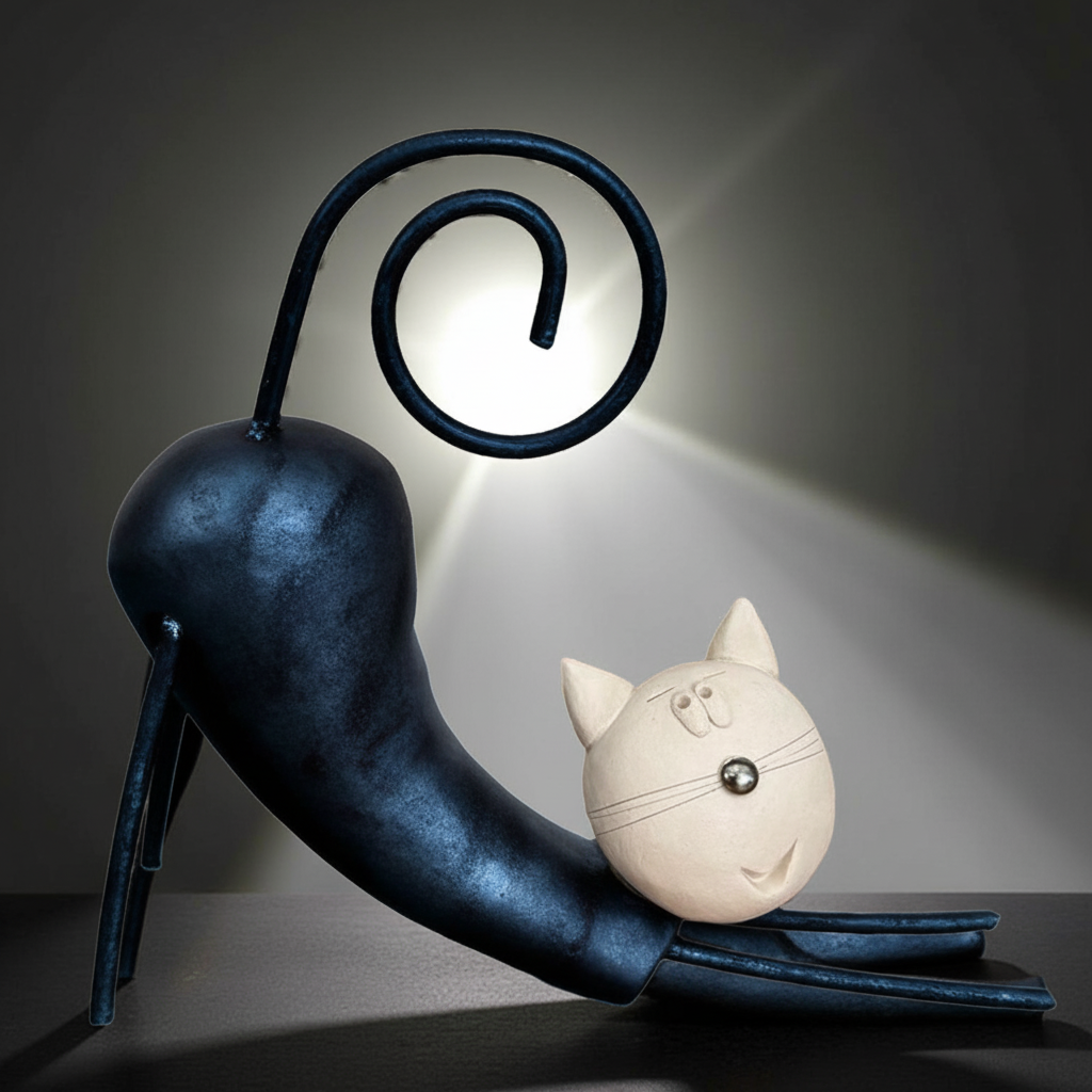 Hand Made Cat Sculpture: Black Metal and White Figurine (Art Collectible)