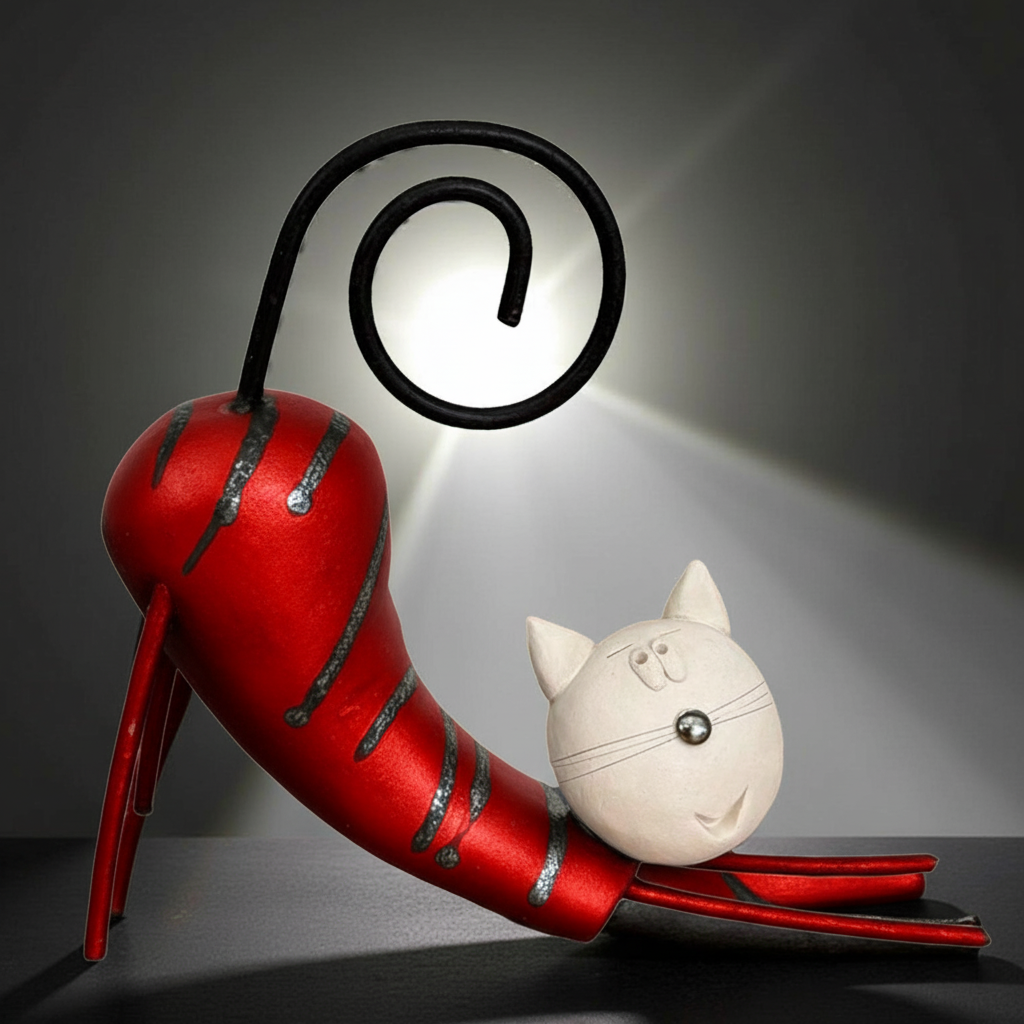 Hand Made Cat Sculpture: Black Metal and White Figurine (Art Collectible)