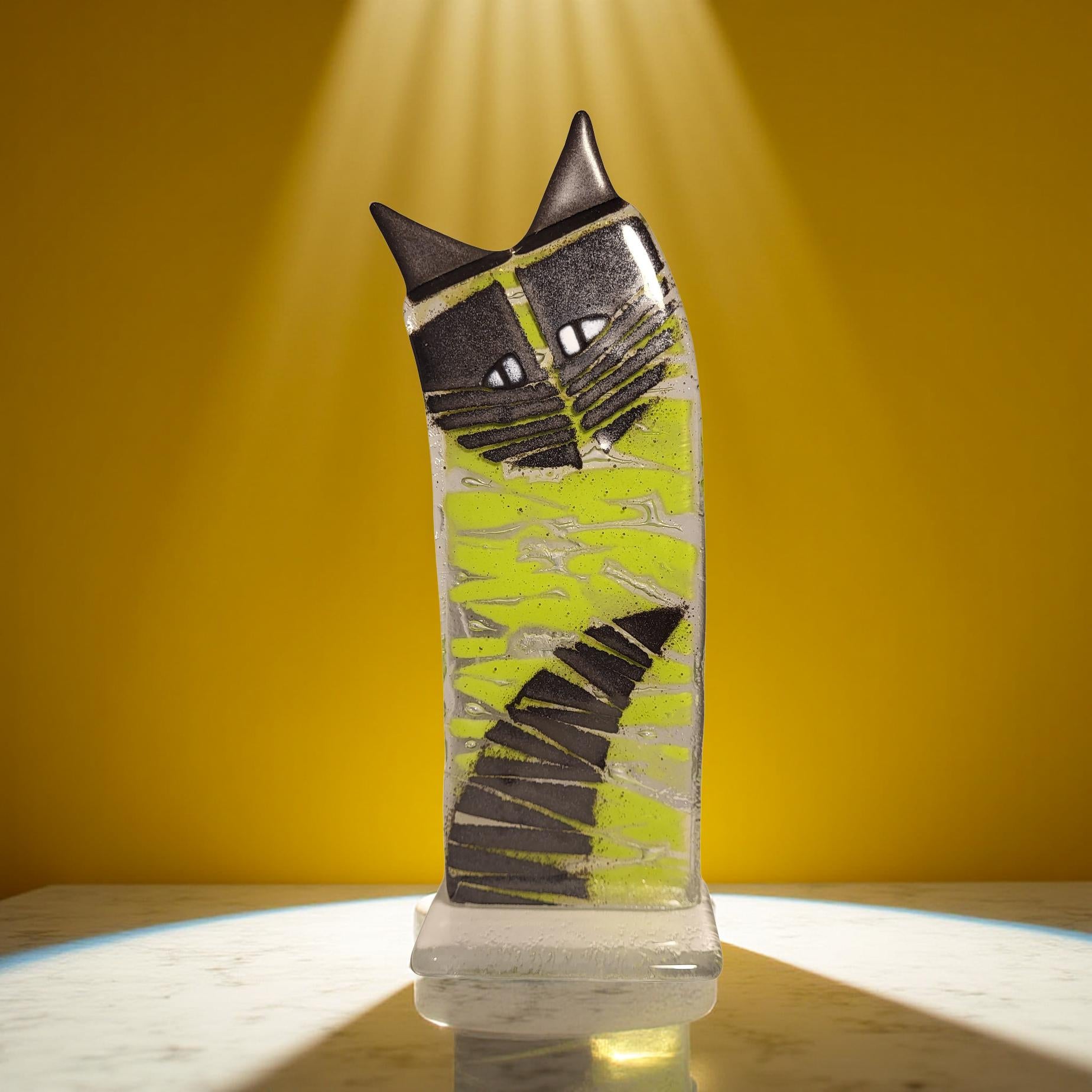 Handmade Glass Cat – Striped Habrat Glass Art Cat with Pointed Ears, Unique Art