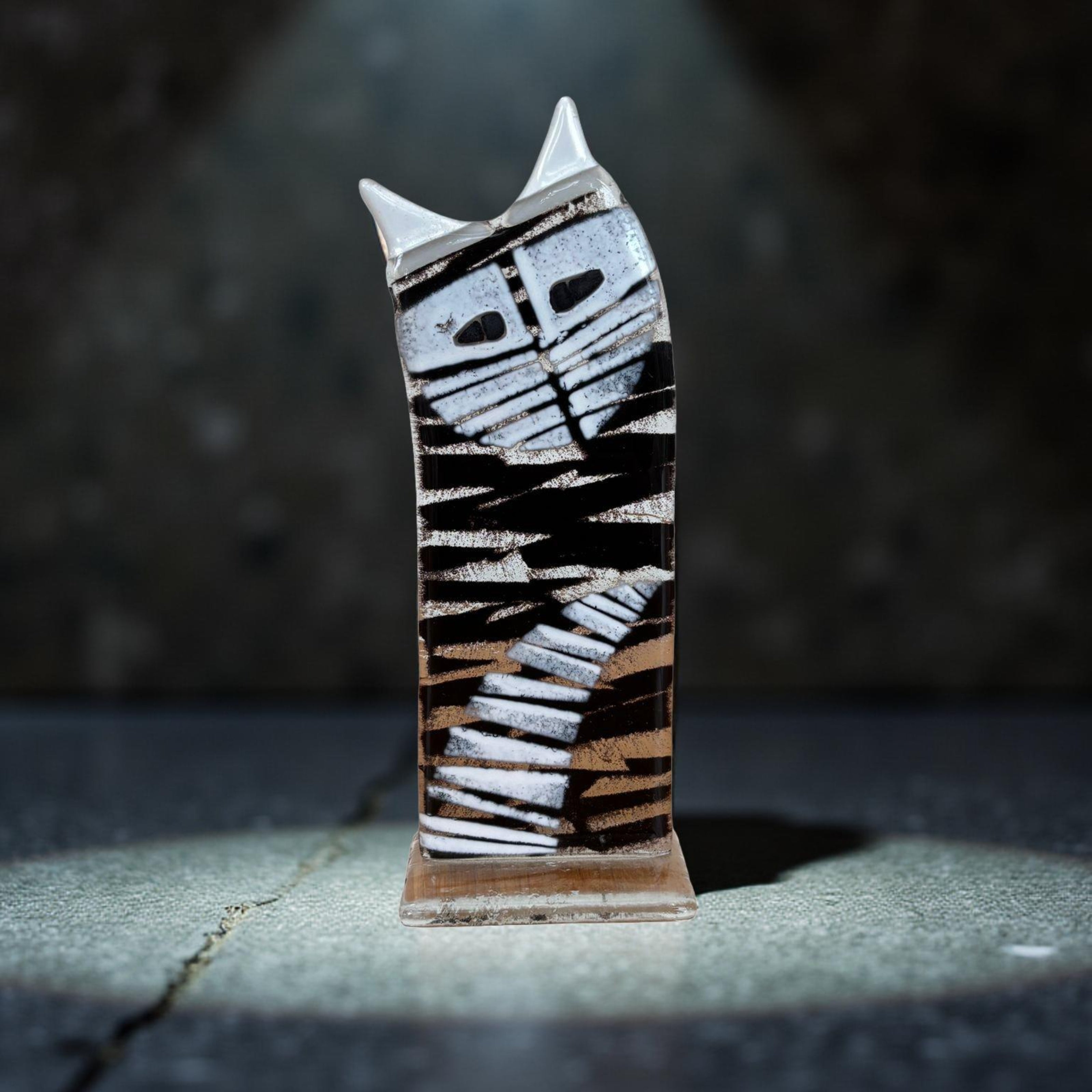 Handmade Glass Cat – Striped Habrat Glass Art Cat with Pointed Ears, Unique Art