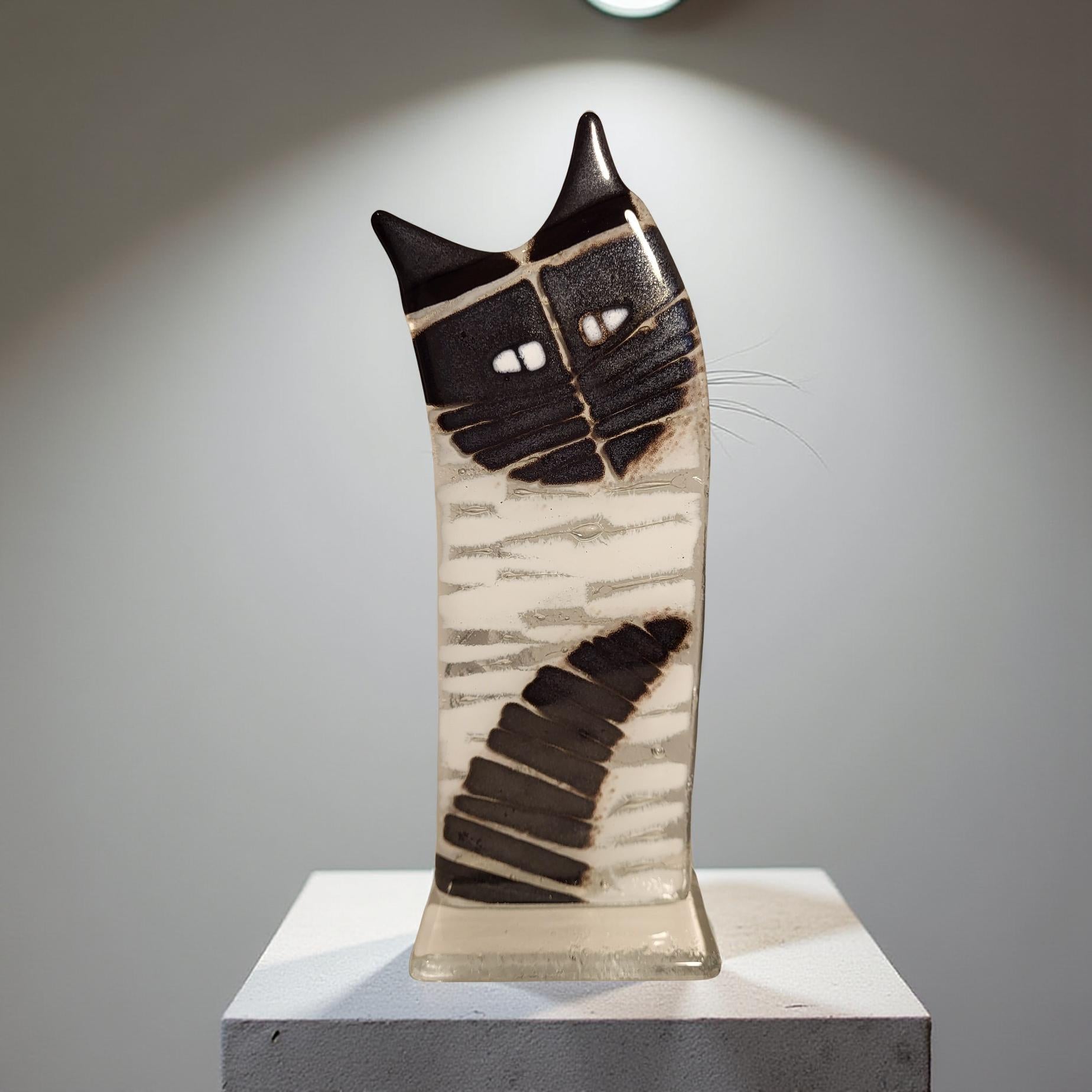 Handmade Glass Cat – Striped Habrat Glass Art Cat with Pointed Ears, Unique Art