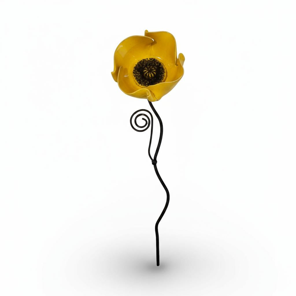 A single yellow flower with a black center is the main focus of the image, standing alone against a plain white background.