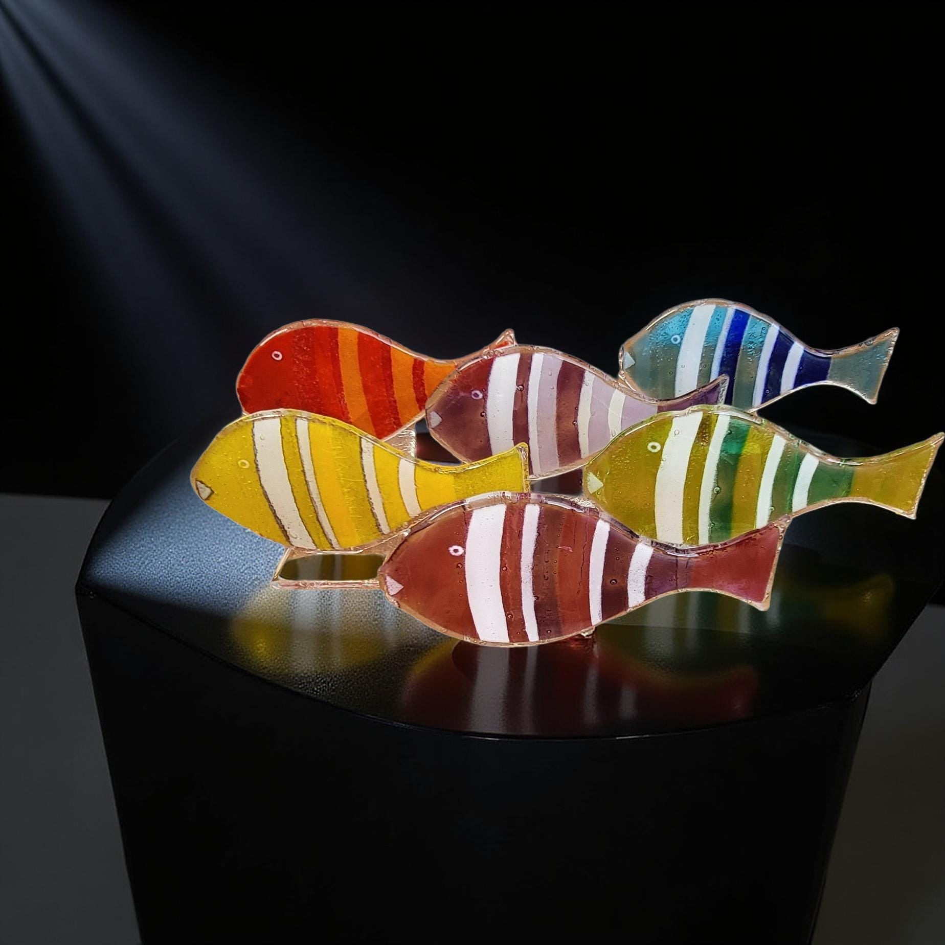 A group of colorful glass fish sculptures arranged on a black surface, with sunlight casting shadows and highlighting the details of the fish.