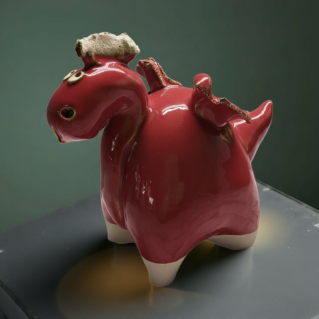 Hand-sculpted Dragon Figurine: Glazed Ceramic with White Details - Collectible Art